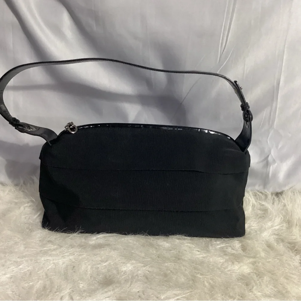 SOLD……..Salvatore Ferragamo Small Black Canvas Patent Leather Shoulder Bag VGUC - Picture 11 of 11